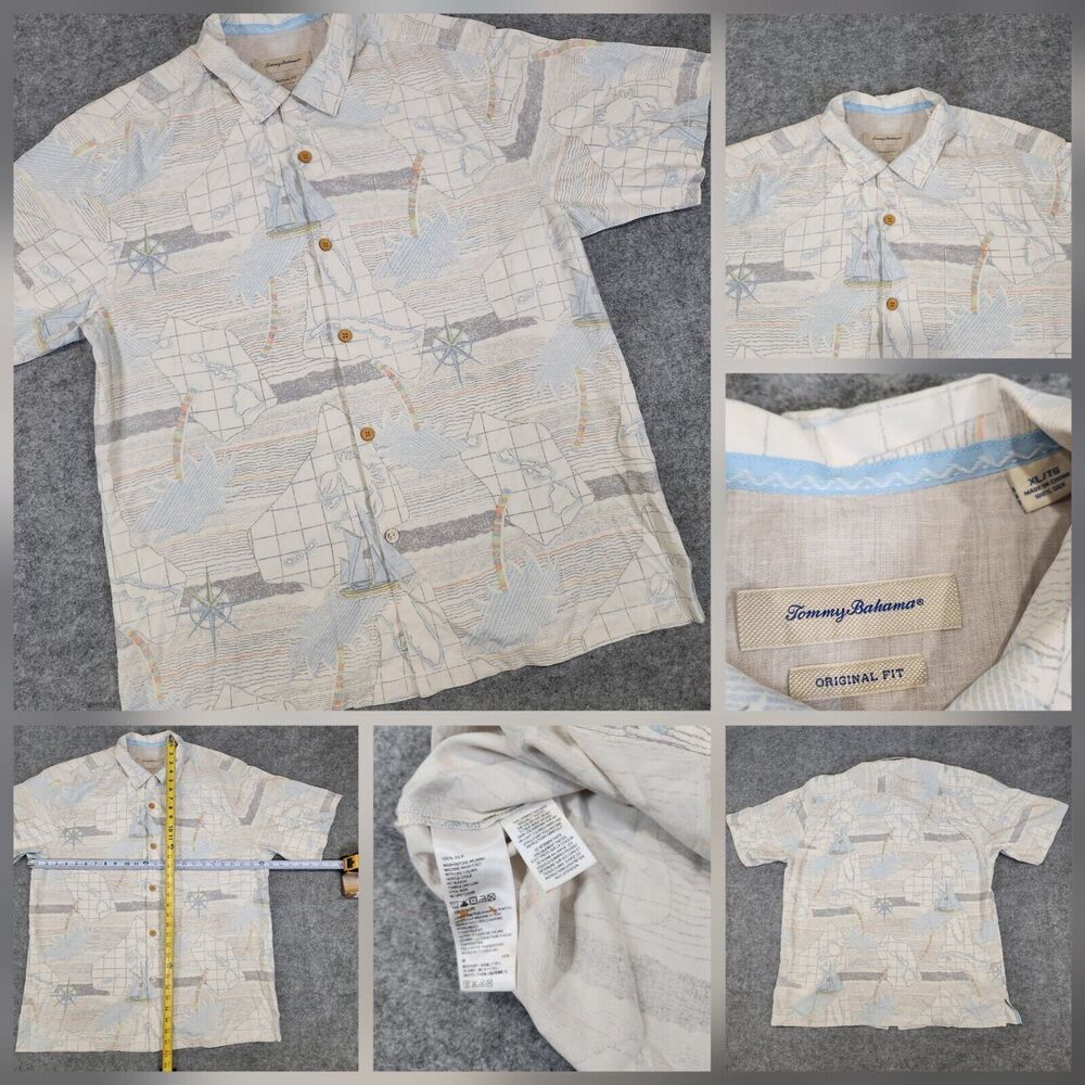 Tommy Bahama Mens XL 100% Silk Hawaii Map Hawaiian Aloha Button Up Down T Shirt